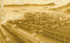 蔡達源的手繪插畫，呈現出1928年台灣高雄湊町（哈瑪星）的風情。哈瑪星愛情故事五個場景之ㄧ：哈瑪星的早晨，男孩站在女孩家樓下呼喚。(圖/蔡達源提供)