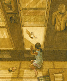 哈瑪星愛情故事五個場景之二：邀約/女孩聽到熟悉的呼喚聲，高興的靠近窗前。(圖/蔡達源提供)