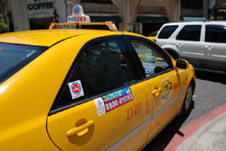 「智慧型衛星計程車」車身上貼有世運標誌及叫車服務電話。(圖/郭文君攝)