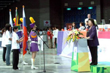 高雄市長陳菊為「2008國際體操暖身賽」開幕致詞，強調2009世運高雄準備好了。( 圖/ 張忠義攝)