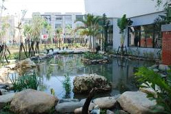 新校園的景觀生態池、邊坡與綠籬基座，以紅毛港常見的建材咕咾石呈現。（圖／郭力睿攝）