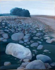 高屏溪系列作品「冬日殘流」，王信豐表現出冬日乾涸的河床景致。（圖/郭力睿攝）