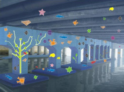 高雄市政府水工處將把治平橋橋墩及橋下改造為「海底隧道」景觀。（模擬圖／高雄市政府下水道工程處提供）