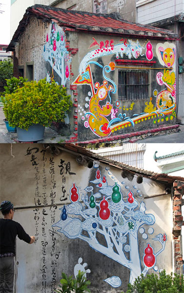 在白樹社區老屋牆面結合傳統與創新的彩繪生動有趣。（圖/蘇士雅、阿將）