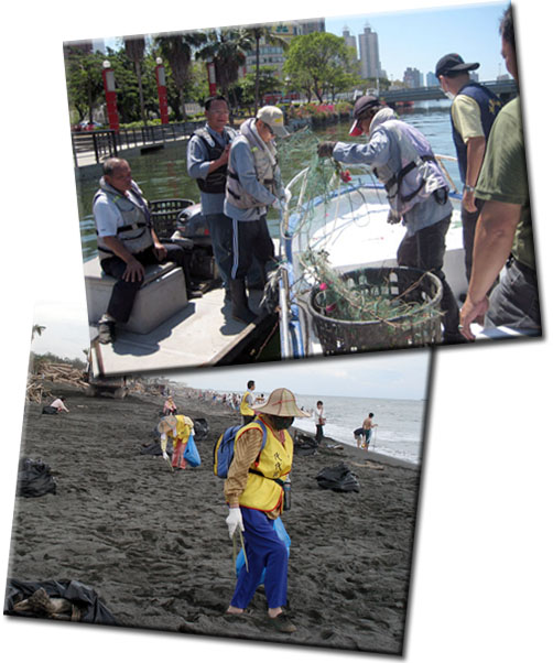 從打撈河川廢棄物到淨灘，都是海洋環境保育的重點維護工作。(圖/高雄市政府海洋局、藍十字環保愛心協會 提供)