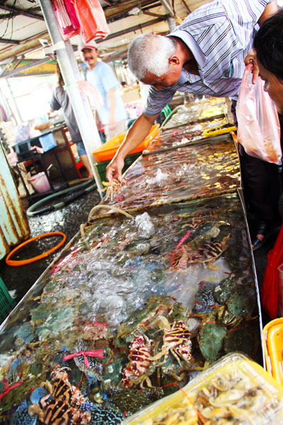 興達港觀光漁市新鮮的海產吸引許多饕家前往選購。（圖/黃建樺 攝）